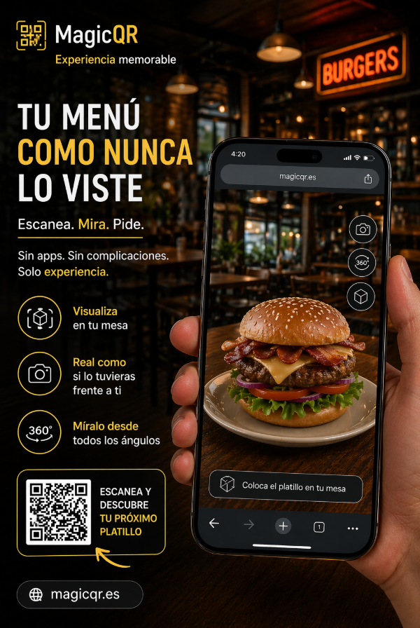 Flyer MagicQR con hamburguesa en AR